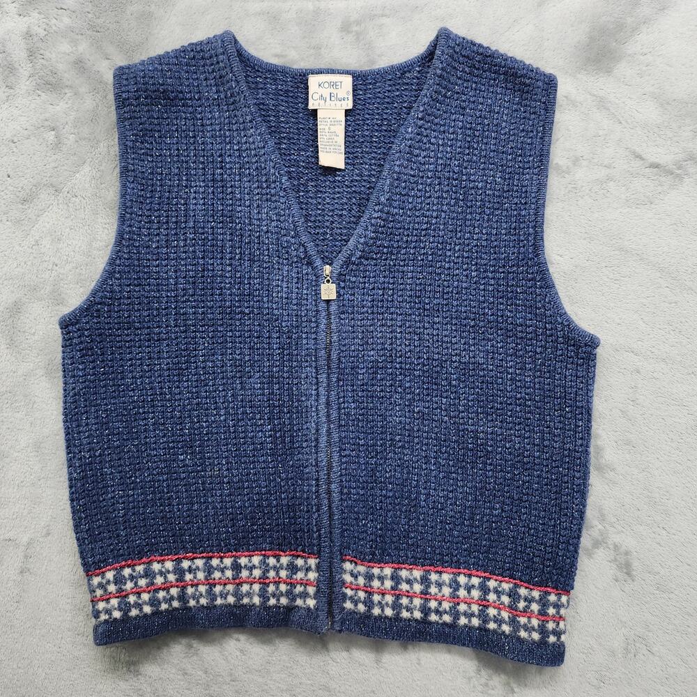 Vintage Koret City Blues‎ Sweater Vest Womens S PETITE Blue Pink Sparkle V-Neck